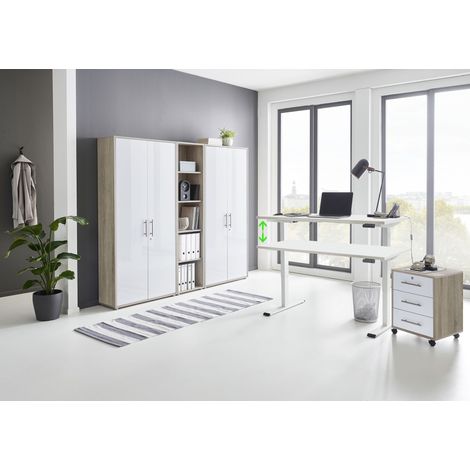 BMG Möbel Büromöbel komplett Set mit elektrisch höhenverstellbaren Schreibtisch in weiß Arbeitszimmer e-Dition in Eiche Sonoma/weiß Hochglanz lackiert/Gestell weiß