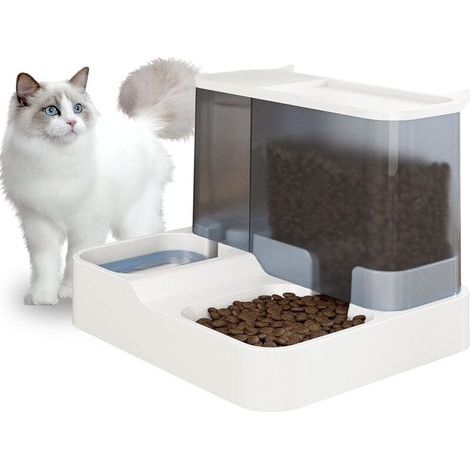 Distributeur Automatique de Nourriture et d'eau pour Chat et Petit Chiens 2 en 1 3.8 L Fontaine Mangeoirs et Abreuvoirs (Blanc) (1/4)