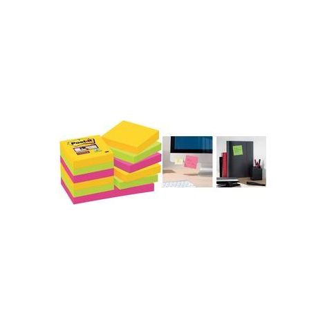 Post-it Super Sticky Notes, set di colori Rio, giallo canarino, verde neon, fucsia - 12 blocchi