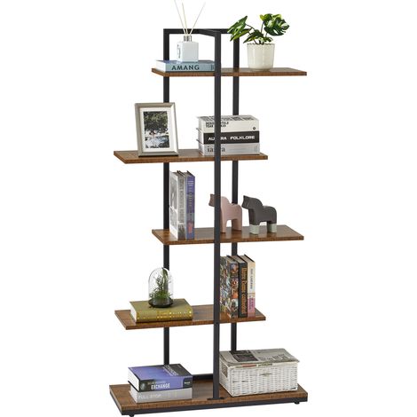 Meerveil Bücherregal, Standregal, 5 lagiges asymmetrisches Split-Level Lagerregal, 74x28x144.5cm, Braun (1/5)