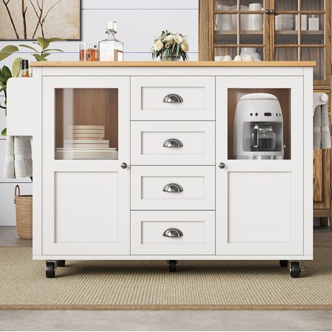Isla de cocina 137,9x73x92,5 cm blanca con tapa abatible, 4 cajones y ruedas (1/5)