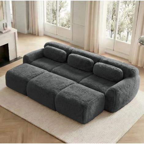 Divano modulare a nuvola 3 posti con 3 pouf, tessuto peluche grigio, senza montaggio, OKWISH (1/5)