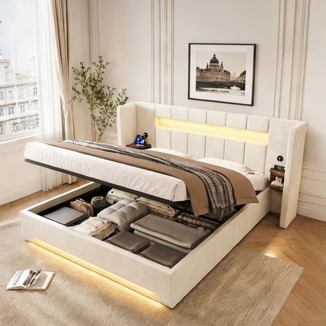 Tête de lit beige en velours 245 x 212 x 103 cm (1/5)