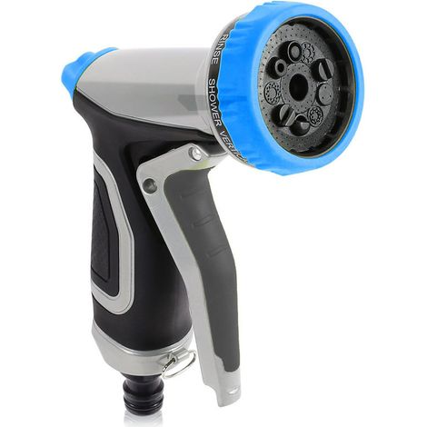 Pistola per irrigazione con ugello multiuso, 8 modalità di irrigazione, alta pressione, ideale per innaffiare il prato, lavare l'auto e fare il bagno agli animali (blu). (1/4)