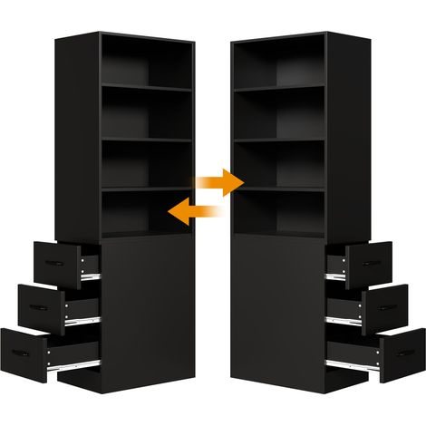 Librería estrecha de 180 cm con 3 cajones laterales y baldas regulables, negro, 60 x 38 x 180 cm (1/5)