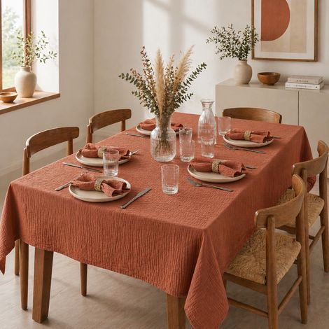 Nappe rectangle 150 x 250 cm + 6 serviettes de table – Double gaze de coton GAÏA Terracotta