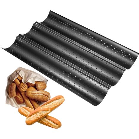 Plaque à Baguette, Moule à Baguette, Moule de Cuisson pour Baguette, Moule à Pain avec Revêtement Antiadhésif, Bâton de Pain Français Baguette Perforé pour Cuisson 3 Baguettes (1/5)