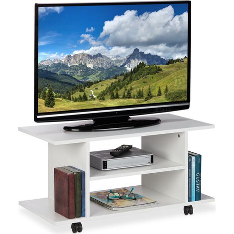 Relaxdays TV Stand with Casters, 4 Open Compartments, Mobile Coffee Table for Devices, DVDs, HWD 40 x 80 x 40 cm, White (1/5)