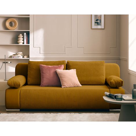 Bestmobilier – Canapé 3 places convertible avec coffre – Revêtement velours et velours côtelé – Dimensions 200x77x92 cm – Couchage 140x200 cm (1/5)