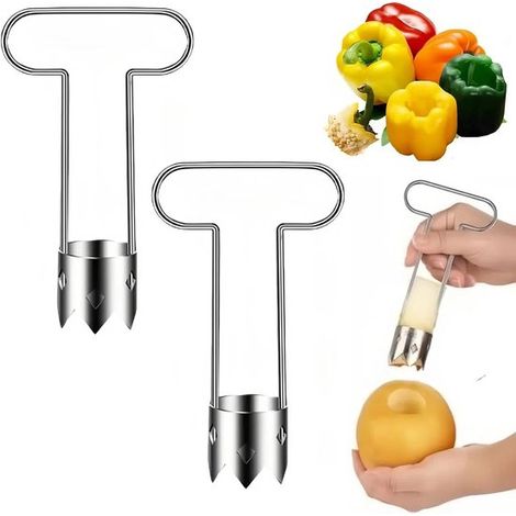 Descorazonador multifuncional de 2 piezas, Acero inoxidable, Descorazonador de pimiento rojo, Cortador universal, Utensilios de cocina, Plateado (1/5)