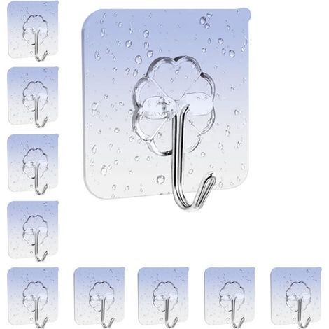 10 Pcs Adhesive Wall Hooks, Maximum Load 10kg, Waterproof Adhesive Hooks, Bathroom Towel Hooks, Transparent Adhesive Hooks for Bathroom, Kitchen, Living Room (1/5)