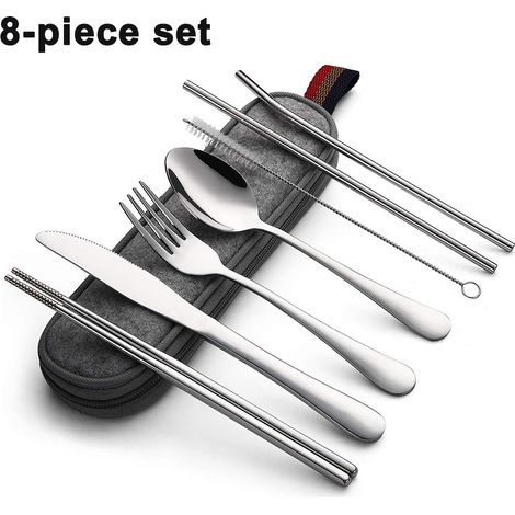 Couverts Réutilisables En Acier Inoxydable - Ensemble De Voyage Avec Boîte De Rangement - Pour Camping Pique-Nique Bureau 8 Pièces (1/5)