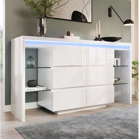 Aparador 155x40x80 cm de MDF blanco brillante con LED y 6 cajones – MEUBLIV (1/5)