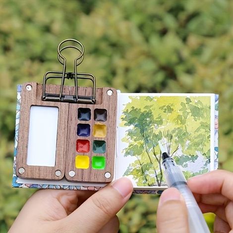 Mini palette de voyage pour aquarelle, coffret de poche, palette de croquis portable en bois à 8 compartiments avec boîte de peinture de 12 couleurs, ensemble de peinture artistique en extérieur, adap (1/5)
