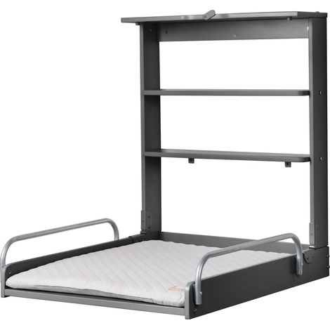 Table à Langer Murale Pliante en Bois Laqué Anthracite + Matelas de Change Hydrofuge Style gris - 2 Étagères Pratiques - Supporte Jusqu'à 15 kg - Peu Encombrante (1/5)