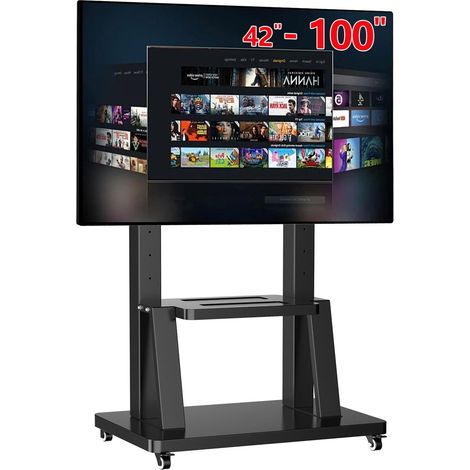 Support TV sur Pied avec roulettes Mobile pour la Plupart des écrans de 42 à 100 Pouces,Chariot Télé Grande en Hauteur réglable avec Plateau,VESA Max 900x600mm Charge 80 kg,Support au Sol TV