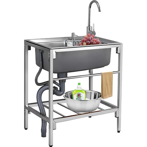 Évier inox sur pied 1 bac avec robinet et étagère 61 cm