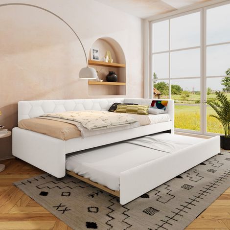 Canapé-lit de jour 90x200 cm à lattes avec lampe et USB-C, revêtement polaire blanc (sans matelas) (1/5)