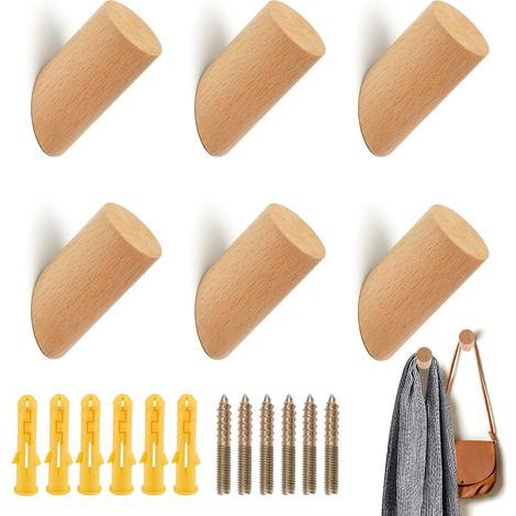 6 Pièces Patere Murale Bois Porte Manteau, Ronds Crochet Mural Bois avec Vis, Naturel Hêtre Porte Manteaux Mural Individuel, 45° Coupe Diagonale Patère Bois pour Vêtements, Salon, Chambre, Suspendre (1/5)