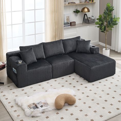 Modulares Sofa Set mit Chaiselongue und 2-Sitzer, flexible DIY-Kombination mit Getränkehalter und Seitentaschen, 257x160 cm, weicher Cordbezug (1/5)