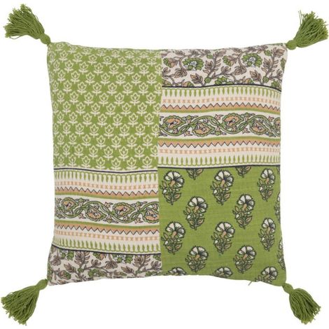 Coussin Déco à Pompons "Avocado" 45x45cm Vert (1/5)