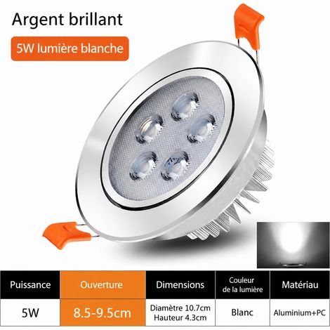 Spot encastrable LED orientable Ø 10,7 cm 5W lumière blanche argent brillant 10.7 cm 5w réf 80 g – Livraison gratuite