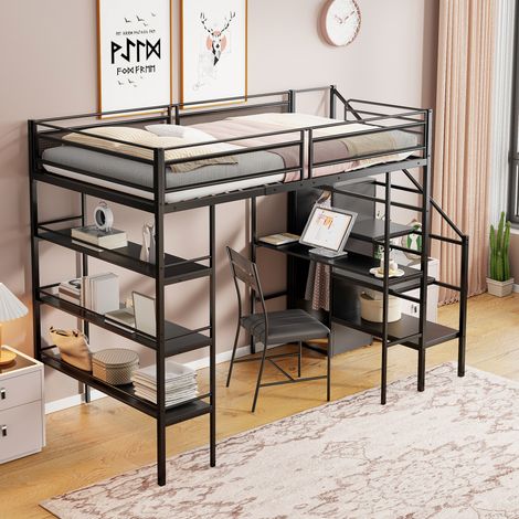 Cama altillo con escritorio, cama altillo adulto de 90x200 cm, estructura de hierro con estante, armario, escalones de seguridad, negro (1/5)