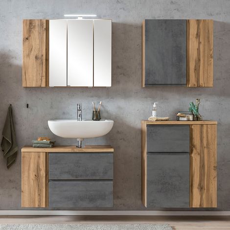 Badezimmer Set, stehend/hängend, in Wotan Eiche Nb. mit Beton Optik, VASTO-03-CONCRETE, B/H/T ca. 165/200/35 cm (1/5)
