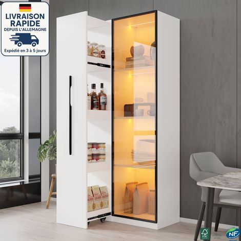MODFU - Vitrina de cristal de 160 cm con LED, 1 estante rodante, mueble multifuncional para salón y dormitorio, MDF, blanco