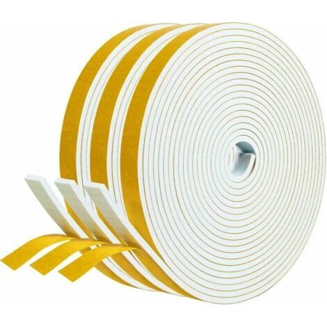 Joint adhésif Porte entree Fenetre 3 rouleaux 12mm x 3mm x 5m Joint Isolation en Mousse Caoutchouc Joint Antichoc Contre courants d'air Protection Meuble Mur Poignée -Mousse blanc film jaune (1/5)