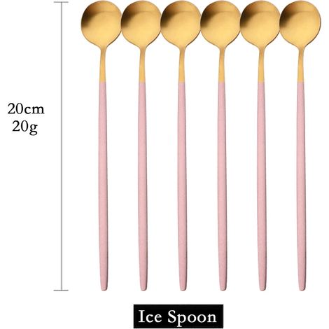 Cuillères à long manche mates (or rose, lot de 6) pour remuer les boissons, couverts en acier inoxydable