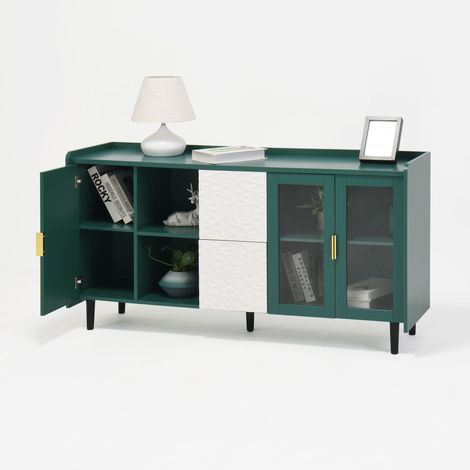 Aparador con 2 Puertas de Cristal y 2 Cajones, 2 Huecos Abiertos, Estilo Moderno, en MDF, 146×40×90 cm, Verde (1/5)