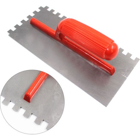 Lisseuse crantée rouge en acier au carbone, manche plastique, outil de chantier, truelle carrée plate dentée pour maçonnerie, lot en gros, exclusivité Mexique. (1/5)