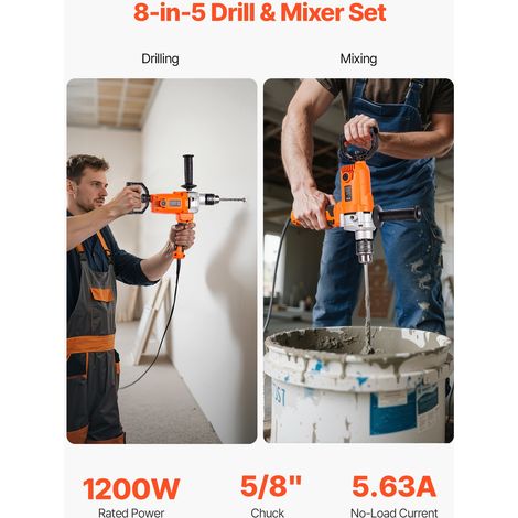 Malaxeur Perceuse Visseuse Électrique 2-en-1, Mélangeur de Mortier Filaire, Agitateur à Béton avec Mandrin 15,89 mm, 0-750 tr/min,… (1/5)