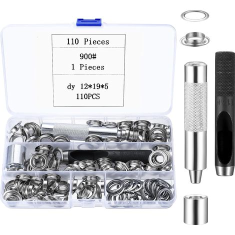 110 Kit Oeillet Couture, 12mm Trousse à Oeillets pour Baches, Kit Oeillets Couture, Oeillet de Rondelle Kit pour Bâche Tissu Cuir Chaussures, avec Outil de Perforation d'oeillets (1/5)