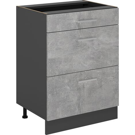 Mobiletto base per cucina R-Line, Calcestruzzo, 60 cm con cassetti, senza piano di lavoro, Vicco