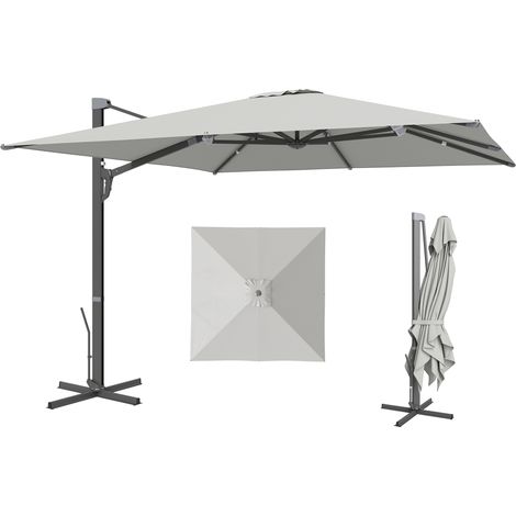 Parasol déporté 365 x 297 x 256 cm avec manivelle et base en croix, polyester, aluminium et métal, gris clair (1/5)