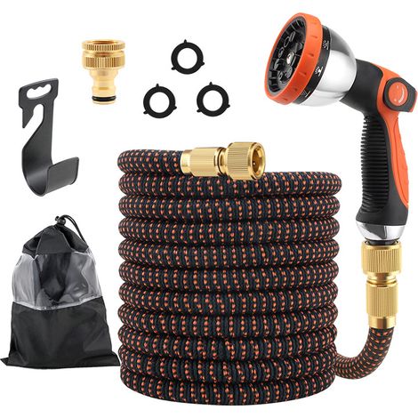 Tuyau d'arrosage extensible 30 m, 10 à 30 m avec pistolet 10 jets, raccords métalliques 1/2" et 3/4", tuyau flexible pour jardin, arrosage et nettoyage (1/5)