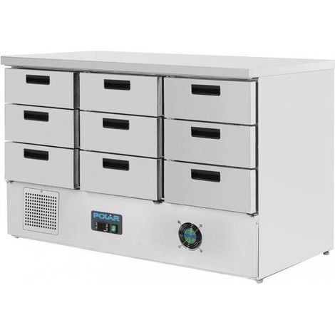 Table inox réfrigérée positive 9 tiroirs GN 1/1 (P)65 mm, 235 W, 220 V - MONO