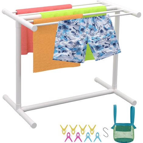 Mophorn 5-Bar Pool Towel Rack, Outdoor PVC T-Shape, White, Freestanding Storage Organizer, Towel Clips, Mesh Bag, Hook, Floats & Paddles, Beach, Pool, Home (1/5)
