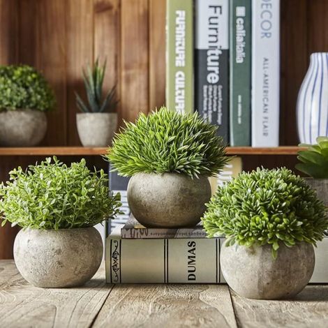 Set de 3 Plante Artificielle Interieur avec Pelouse Verte en Pots Gris, Plantes Petites Synthétiques Décoratives en Plastique (1/4)