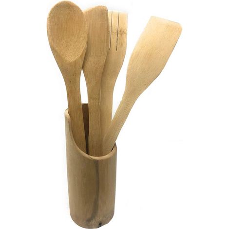 Set di 4 mestoli in Legno con Paletta Cucchiaio spatola obliqua forchetta per mescolare con portamestoli Porta Utensili da Cucina (1/2)