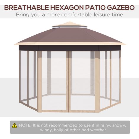 Pavillon extérieur pliable 4x4 m, abri pop-up de réception avec housse de rangement, 6 parois latérales, double toit, forme hexagonale, couleur kaki