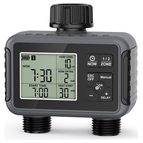 Programmateur d'arrosage bidirectionnel – Ordinateur d'irrigation à 2 zones – Ordinateur d'arrosage – Résistant à l'eau IPX5 – Durée et fréquence d'arrosage réglables par zone (1/5)