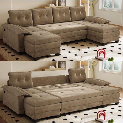 Canapé convertible en U 4 places avec lit gigogne, 278 x 127 cm, USB, kaki HAVRYA (1/5)