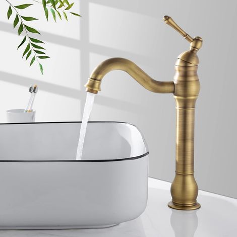 Robinet Salle Bain Haut Rotatif À 360 °Mitigeur De Lavabo, Robinet De Lavabo Rétro Avec Bec Hauteur 230 mm Pour Salle De Bain, Laiton Antique AvecTuyaux 60cm (1/5)