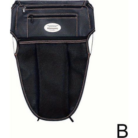 Sacoche de selle de moto en maille noire (L) avec surpiqûres orange et double poche zippée, respirante, pour scooters et vélos électriques. (1/5)