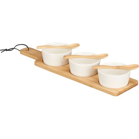 Bols de snacks BUMY, sur un plateau avec des cuillères en bois, 10 x 39 x 6 cm (1/4)