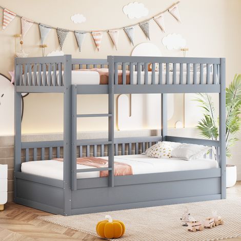 Lit superposé gris 90x200cm pour enfant, bois massif robuste, avec coffre de rangement hydraulique, sommier intégré, meuble durable et pratique (1/5)