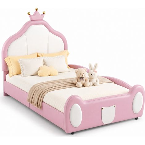Lit enfant rembourré 90 x 200 cm, tête de lit couronne, design rose et blanc, cuir régénéré, sommier à lattes, pour chambre de princesse – CHICFURN (1/5)